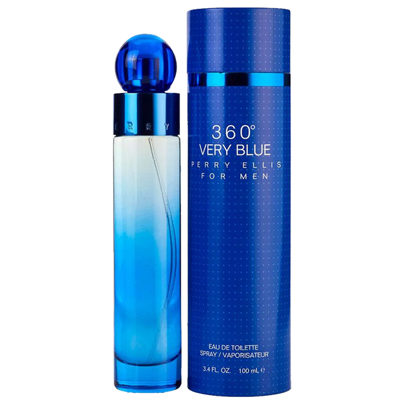 Un frasco azul degradado de PERRY ELLIES 360 VERY BLUE de DarlynS Perfumería y Accesorios junto a su caja cilíndrica azul a juego, ambos con texto en blanco y plata.