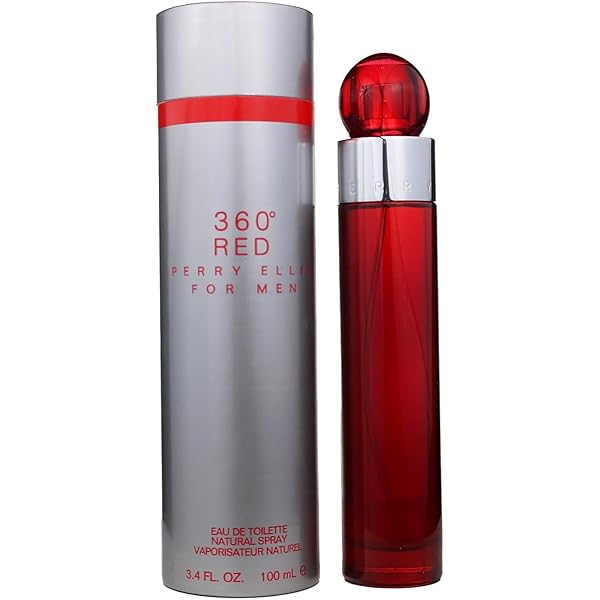 Un frasco rojo de PERRY ELLIS 360 RED de DarlynS Perfumería y Accesorios junto a su caja cilíndrica plateada y roja a juego, ambos con el nombre del producto y su tamaño, 100 ml.