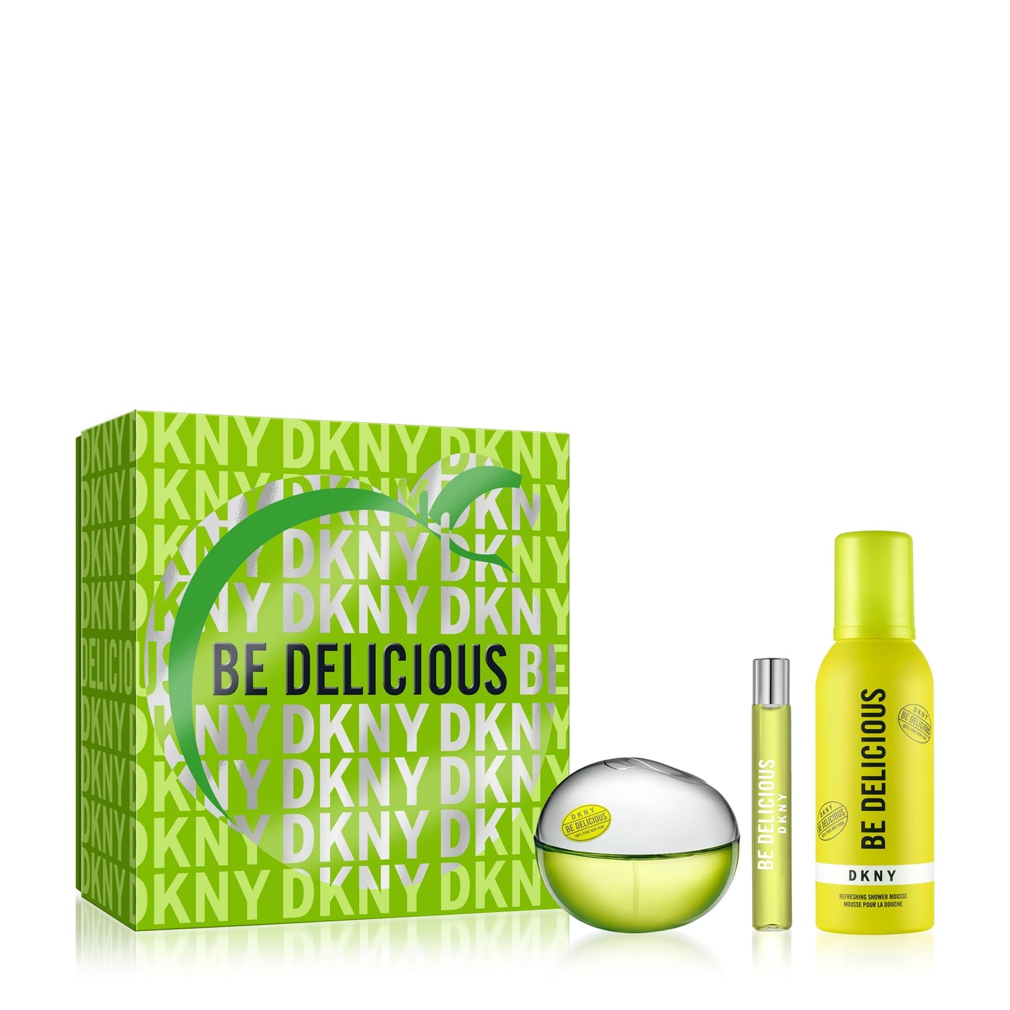 El SET DKNY BE DELICIOUS de DarlynS Perfumería y Accesorios incluye una caja verde, un frasco de perfume redondo, un spray de viaje y un spray corporal amarillo con diseño a juego en verde y amarillo.