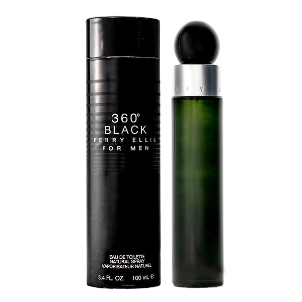 Un frasco cilíndrico negro PERRY ELLIS 360 BLACK de DarlynS Perfumería y Accesorios se encuentra junto a su frasco alto verde oscuro a juego, ambos etiquetados para eau de toilette masculina, 100 ml.