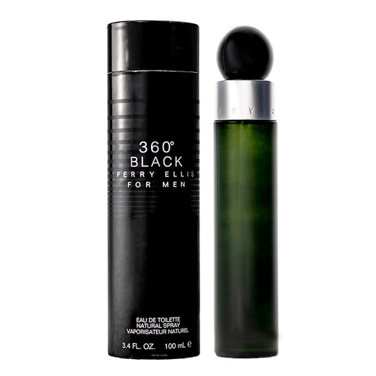 Un frasco cilíndrico negro PERRY ELLIS 360 BLACK de DarlynS Perfumería y Accesorios se encuentra junto a su frasco alto verde oscuro a juego, ambos etiquetados para eau de toilette masculina, 100 ml.