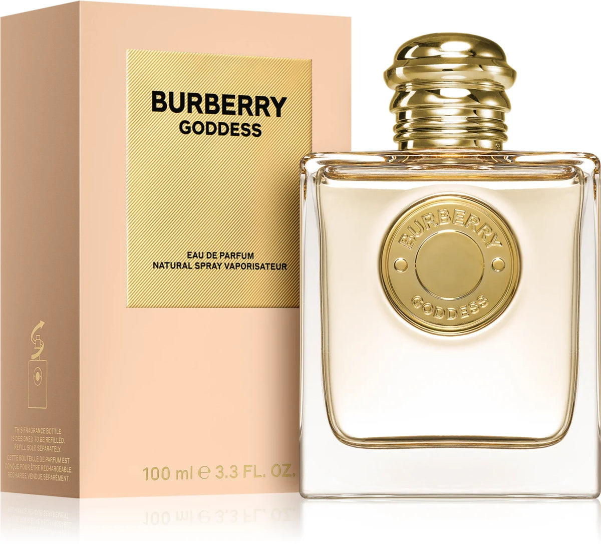 Un frasco de 3,4 oz de BURBERRY GODDESS EDP WOMAN de DarlynS Perfumería y Accesorios con tapón y etiqueta dorados se muestra junto a su caja beige y dorada.