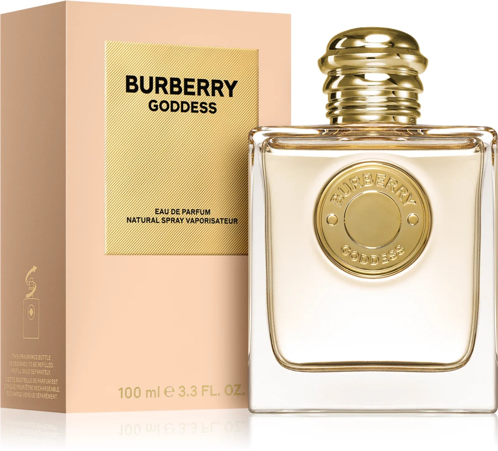 Un frasco de 3,4 oz de BURBERRY GODDESS EDP WOMAN de DarlynS Perfumería y Accesorios con tapón y etiqueta dorados se muestra junto a su caja beige y dorada.