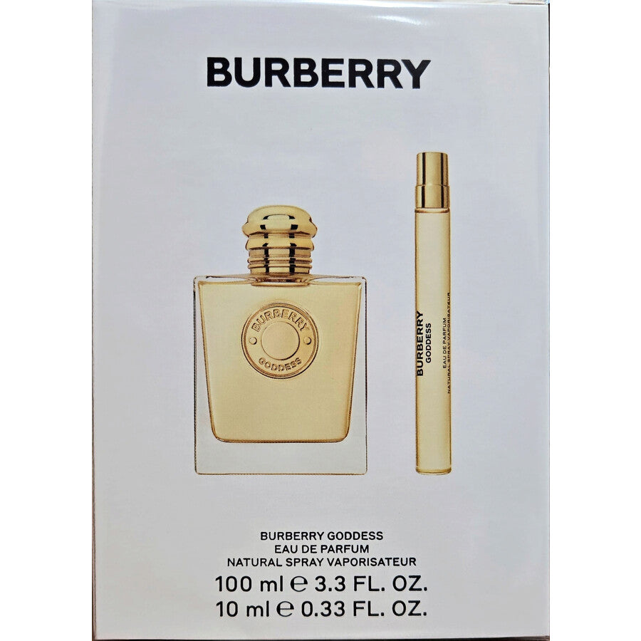 Una caja blanca muestra BURBERRY GODDESS 3.4 OZ y un EDP tamaño viaje para mujer de DarlynS Perfumería y Accesorios, con frascos cuadrados y delgados, el logo de Burberry arriba y la información del producto abajo.