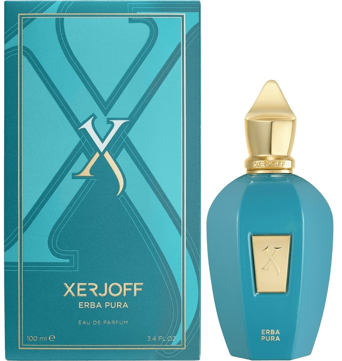 Una caja turquesa y un frasco a juego con detalles dorados muestran XERJOFF ERBA PURA de DarlynS Perfumería y Accesorios, ambos con el logotipo de Xerjoff y el nombre de la fragancia, un aroma realmente fresco.