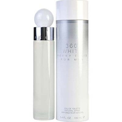 Un frasco alto de vidrio esmerilado con un tapón redondo blanco se encuentra junto a una caja blanca y plateada a juego con la etiqueta "PERRY ELLIS 360 WHITE" de DarlynS Perfumería y Accesorios.
